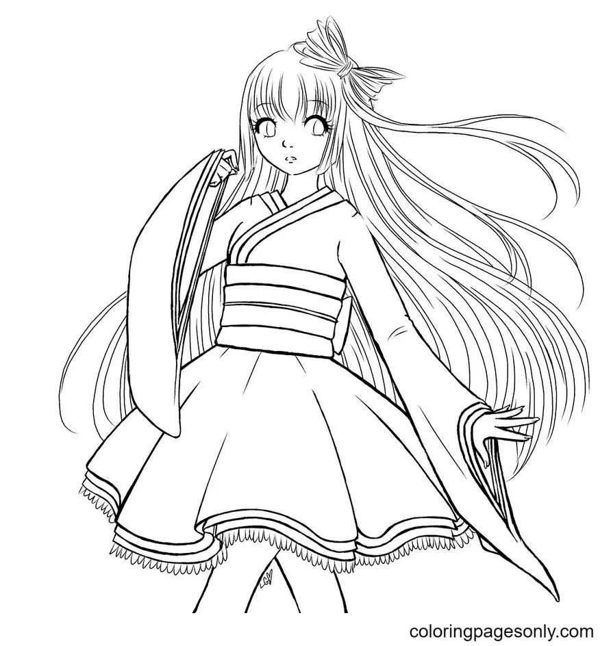 Ausmalbilder von Anime-Mädchen mit langen Haaren 3