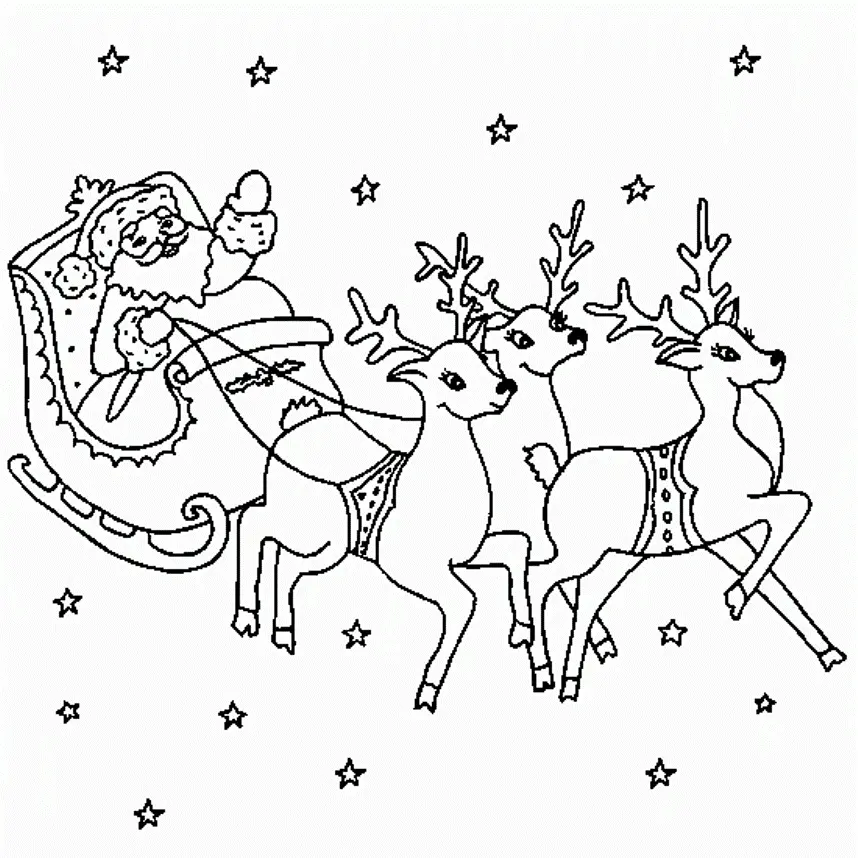 Ausmalbilder vom Weihnachtsmann und seinen Rentieren